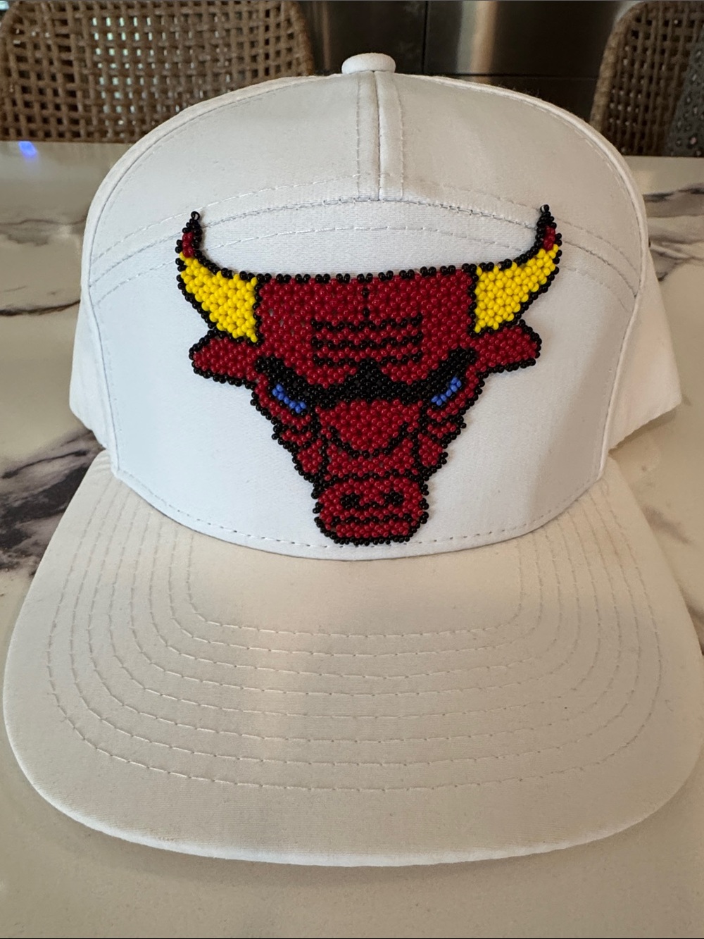 White hat with Beaded Red Bull Patch